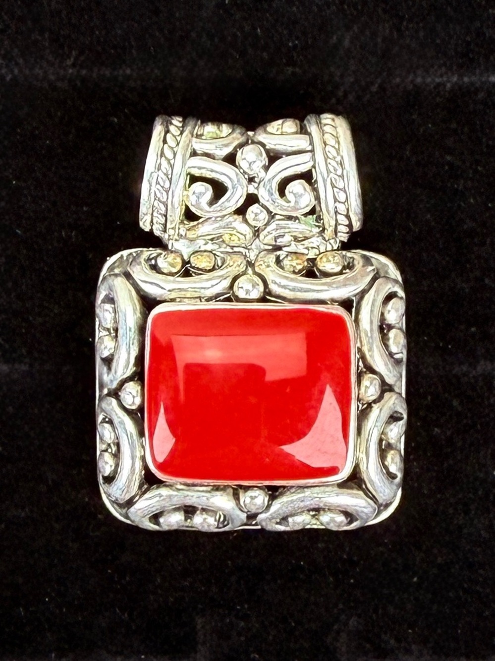 Vintage Red and Silvertone Pendant + free cord necklace